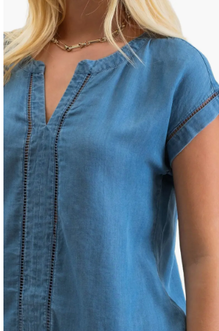 Mine Split Neck Ladder Lace Trim Chambray Top