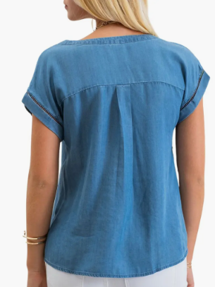 Mine Split Neck Ladder Lace Trim Chambray Top