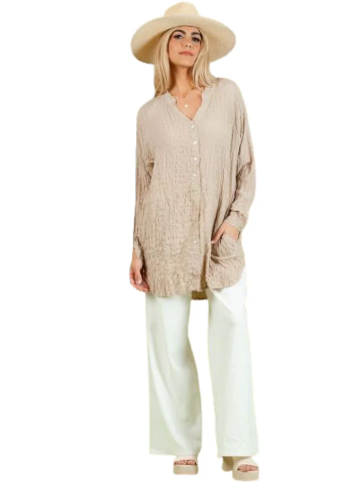 Lucca Solid Crinkled Button Down Tunic Top