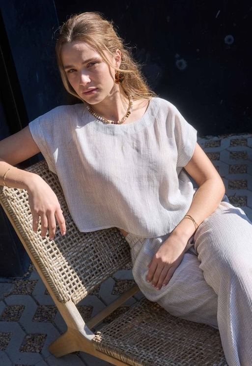 Mine Stripe Back Button Crop Top and Wide Leg Pant Set