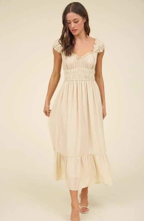 Mine Shirred Waist Short Sleeve Midi Dress