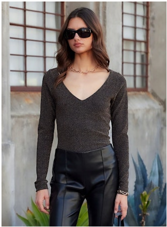 Fifteen Twenty Whitney Metallic V Neck Top