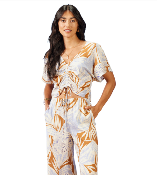 XIX Palms Printed Short Sleeve Ruched Drawstring Linen Blouse