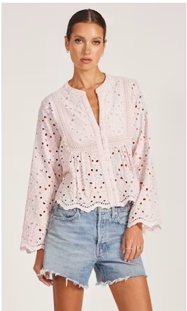 Bobi Lace Trim Button Up Top