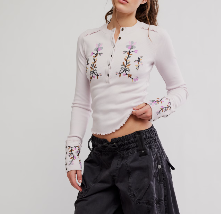 Free People Fleur Embroidered Cuff Tee