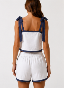 Lalavon Bow Strap Top With Ruffle Banding Short Set