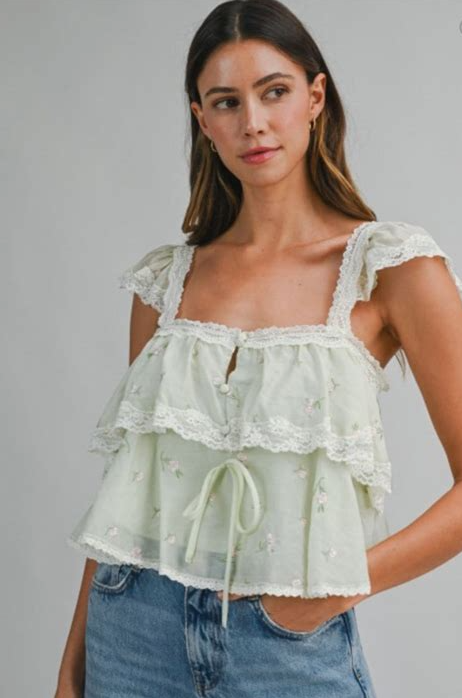 Mable Lace Trimmed Tiered Ruffle Crop Top