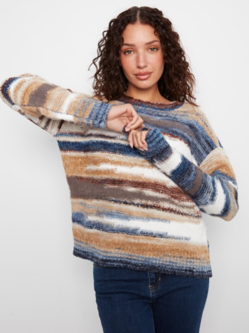 Charlie B Space Dye Hairy Knit Long Sleeve Crew Neck Drop Sleeve Sweater