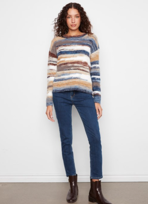 Charlie B Space Dye Hairy Knit Long Sleeve Crew Neck Drop Sleeve Sweater