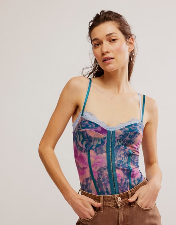 Free People Printed Night Rhythm Corset Bodysuit