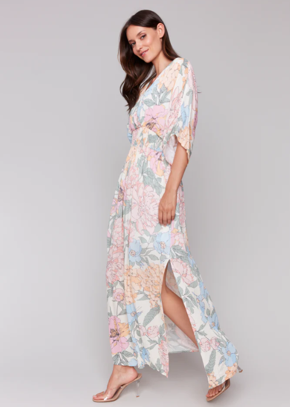 Charlie B Printed Dolman Short Sleeve Maxi Dress with Side Slits