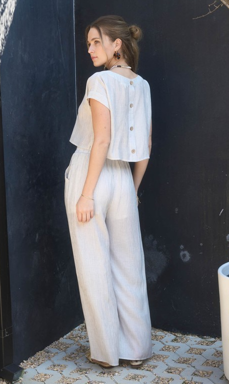 Mine Stripe Back Button Crop Top and Wide Leg Pant Set
