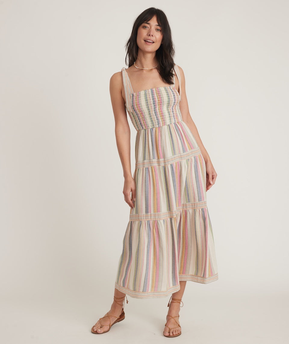 marine layer smocked tiered maxi dress Marine Layer Women's Carmen Smocked Dress Sardina Print / LARG