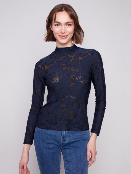 Charlie B Long Sleeve Burnout Mesh Mock Neck Top