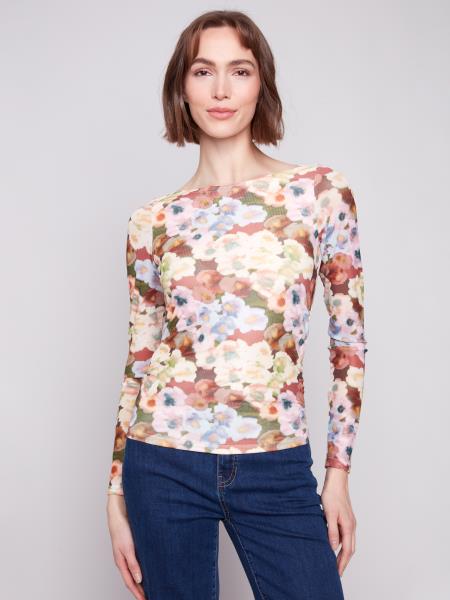Charlie B Printed Mesh Top Gathering At Sides