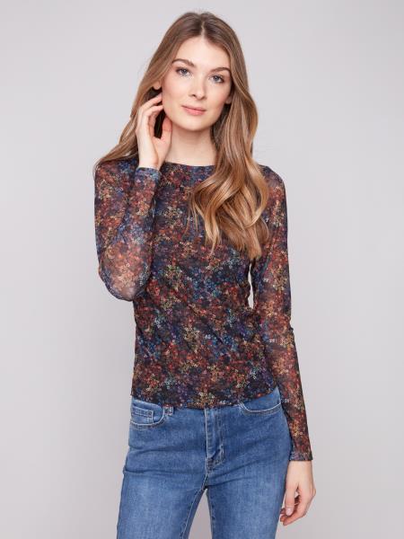 Charlie B Printed Mesh Top Gathering At Sides
