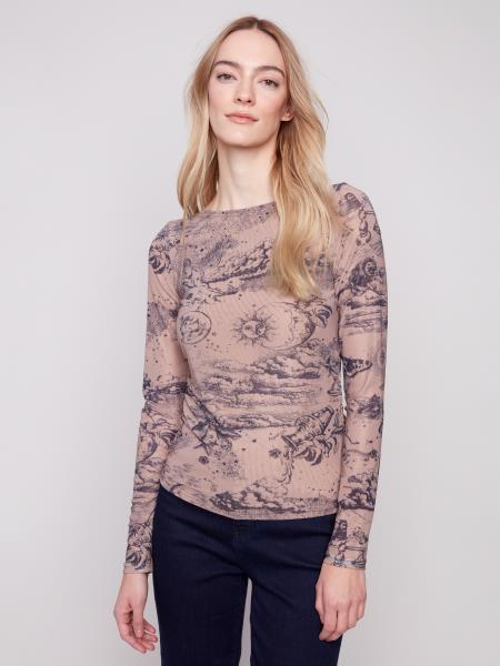 Charlie B Printed Mesh Top Gathering At Sides