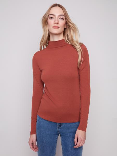Charlie B Long Sleeve Mock Neck Fine Rib Top