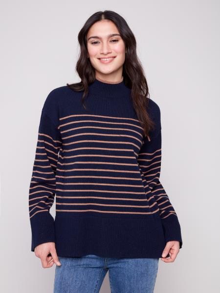 Charlie B Yarn Dye Stripe Mock Neck Sweater With Side Slit Details