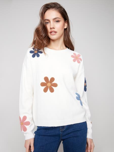 Charlie B Super Plush Sweater With Boucle Flowers