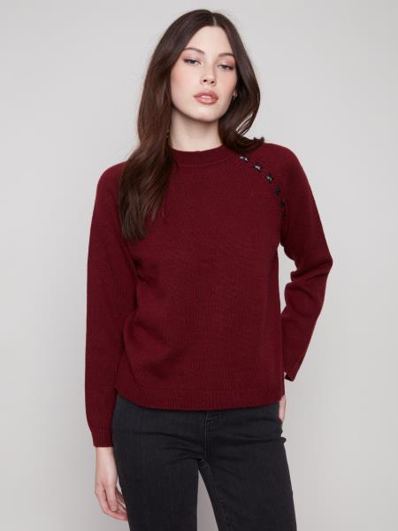 Charlie B Raglan Sleeve Sweater with Faux Leather Stitch Detail