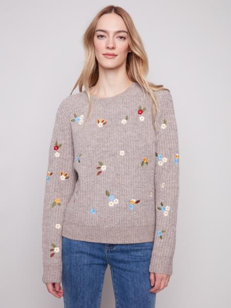 Charlie B Long Sleeve Crew Neck Sweater With Embroidery Detail