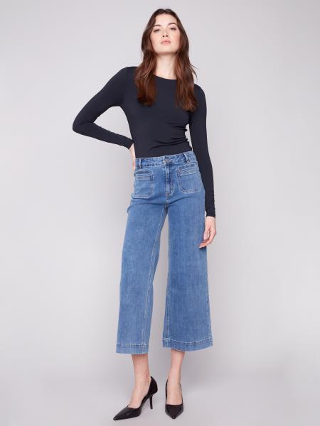 Charlie B Cropped Patch Pocket Flare Stretch Denim Pants