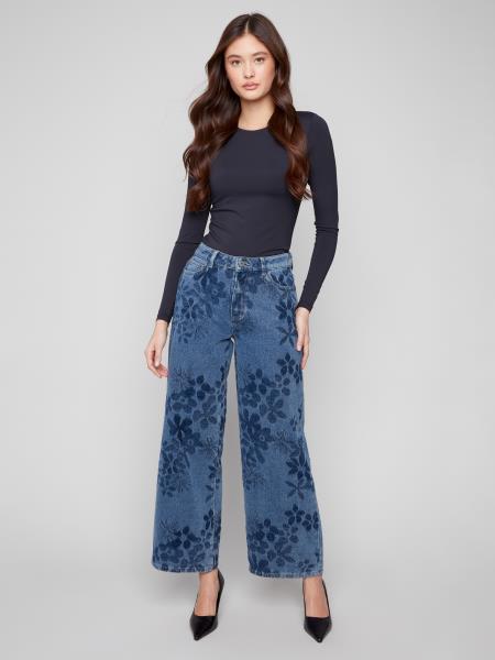 Charlie B Wide Leg Stretch Denim Jacquard Flower Pants