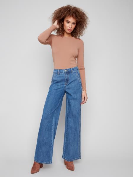 Charlie B Wide Leg Stretch Denim Pants With Slash Pockets