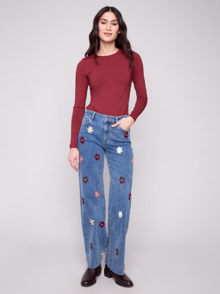 Charlie B Wide Leg Stretch Denim Pant With Flower Patches