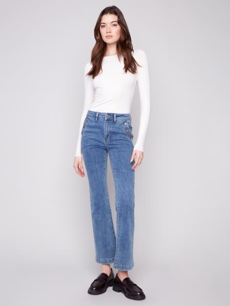Charlie B Flare Leg Stretch Denim Jeans With Buttons At Side Pockets