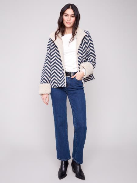 Charlie B Chevron Boucle Short Jacket With Sherpa Trim
