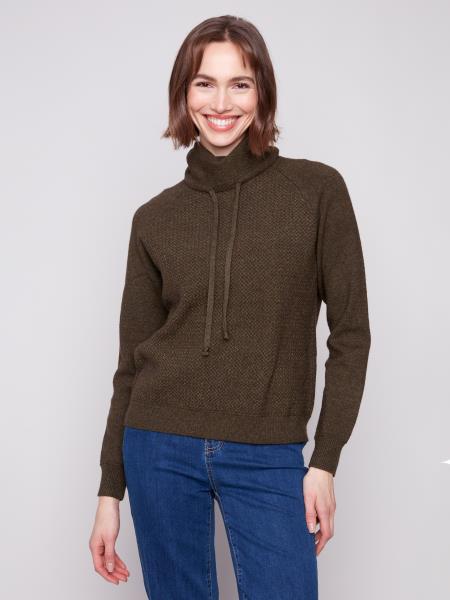 Charlie B Textured Raglan Small Cowl Neck Knit Sweater