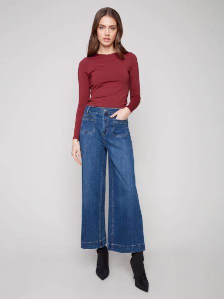 Charlie B Cropped Patch Pocket Flare Stretch Denim Pants