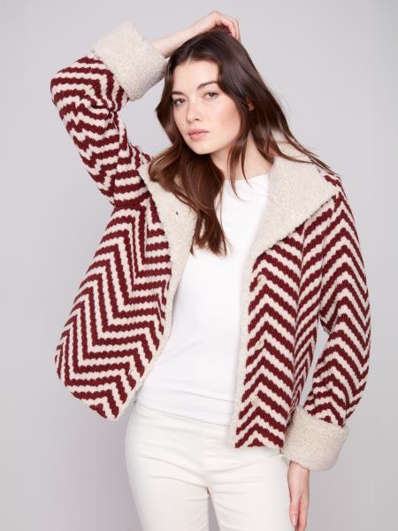 Charlie B Chevron Boucle Short Jacket With Sherpa Trim