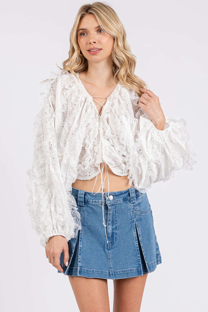 The Vintage Shop Long Sleeve Lace-Up Tiered Frill Eyelet Top