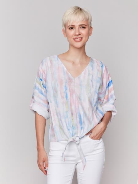 Charlie B Printed Dolman 3/4 Roll Up Sleeve with Front Tie
