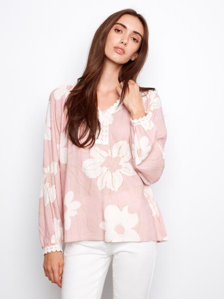 Charlie B Printed Linen Blend Raglan Blouse with Crochet Trim