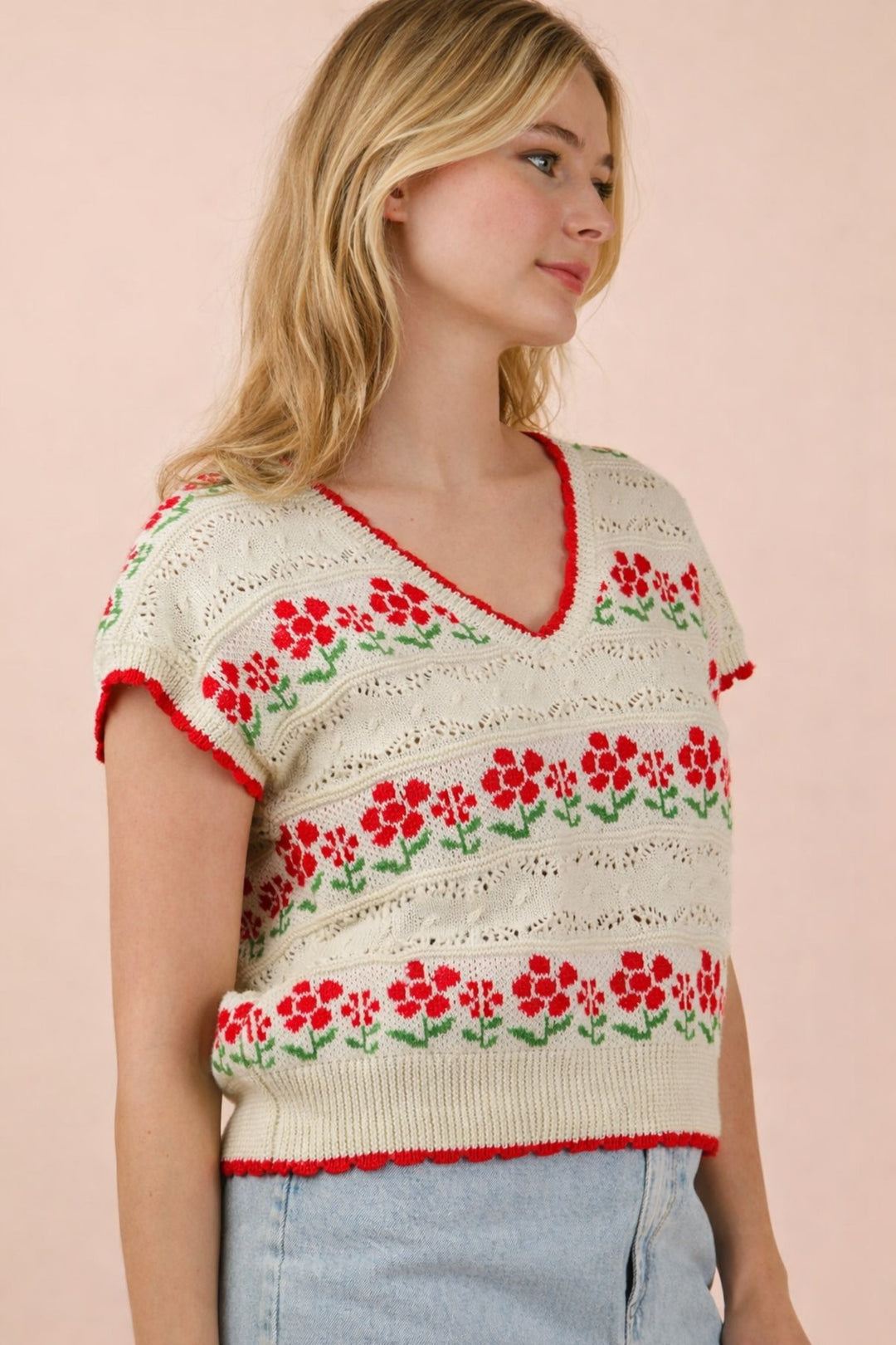 Very J Striped V-Neck Short Sleeve Sweater