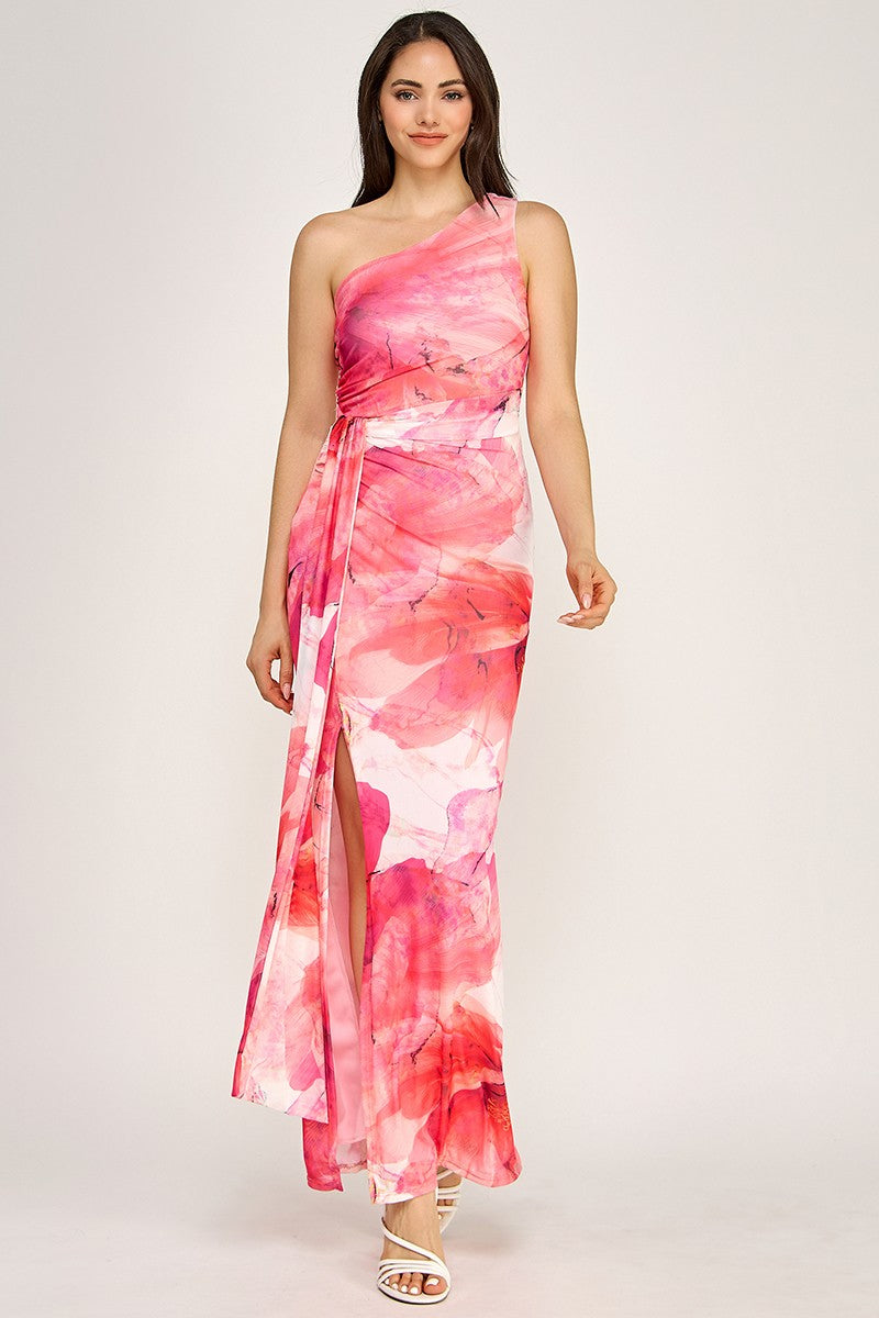 Spring Haze Flower Mesh Print One Shoulder Maxi Dress