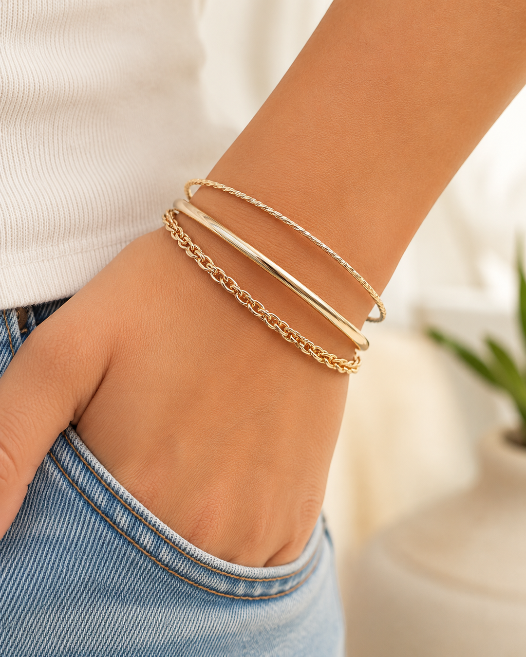 Joia Textured Metal Thin Bangle Multi Bracelet Set