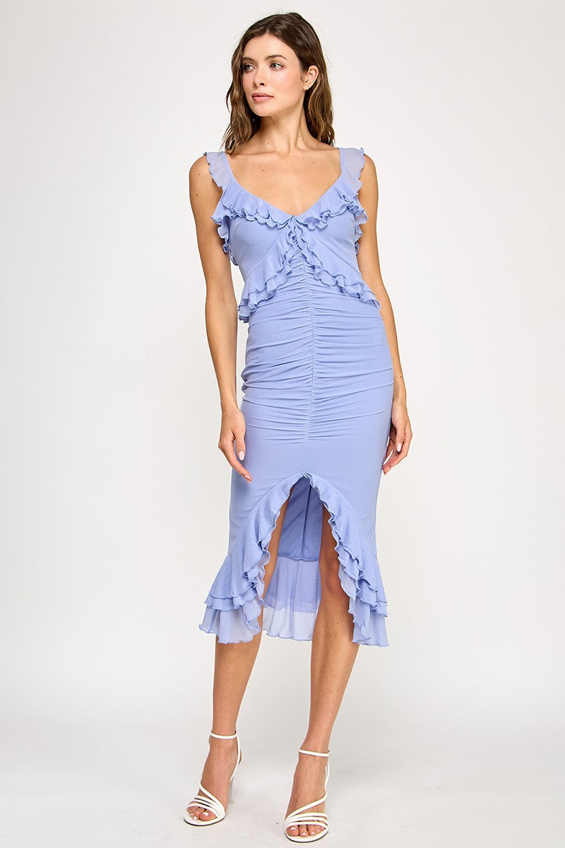 Spring Haze Mesh Ruffle, Shirring Midi Dress