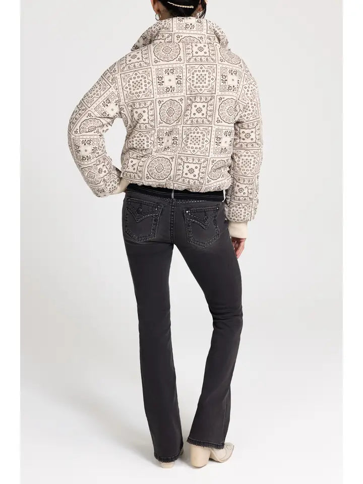 Miss Me Paisley Print Corduroy Texture Puffer Jacket