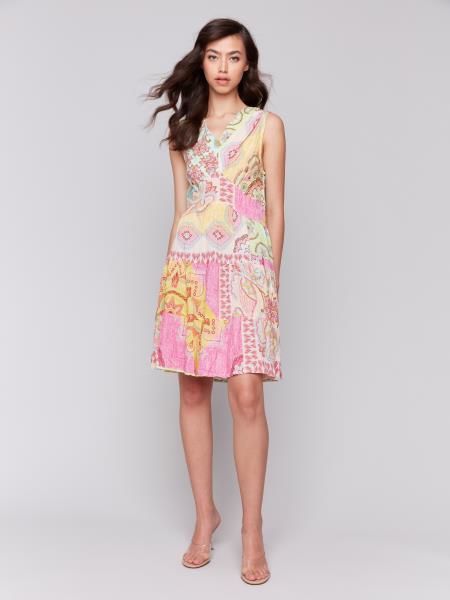 Charlie B Printed Sleeveless V-Neck Dress with Tiers