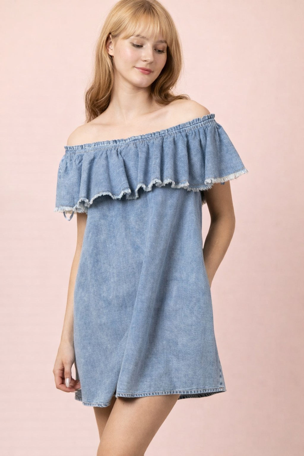 Very J Off-The-Shoulder Chambray Mini Dress