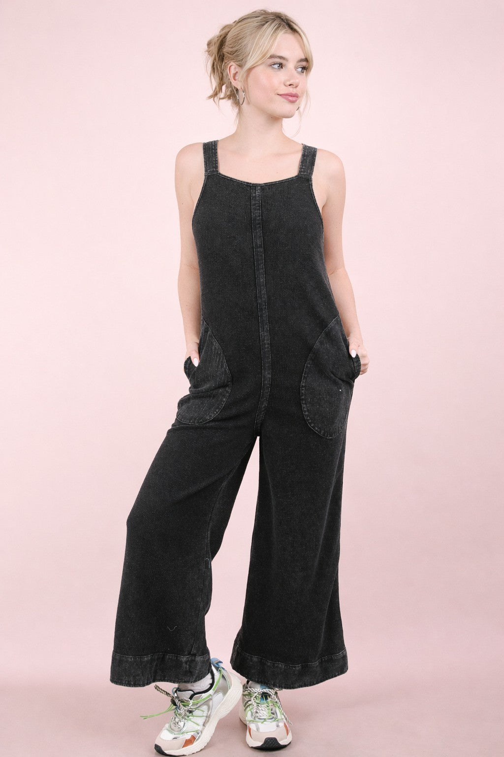Very J Mineral Washed Waffle Knit Jumpsuit