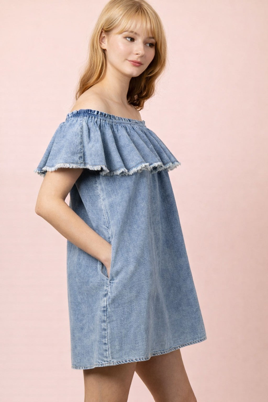 Very J Off-The-Shoulder Chambray Mini Dress