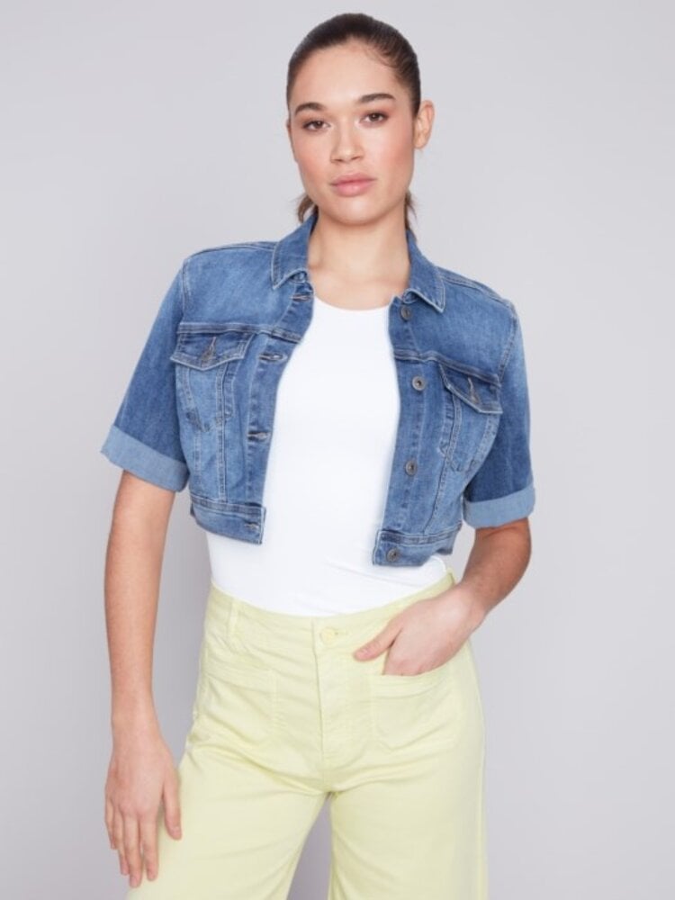 Charlie B Cropped Jean Jacket With Short Sleeve