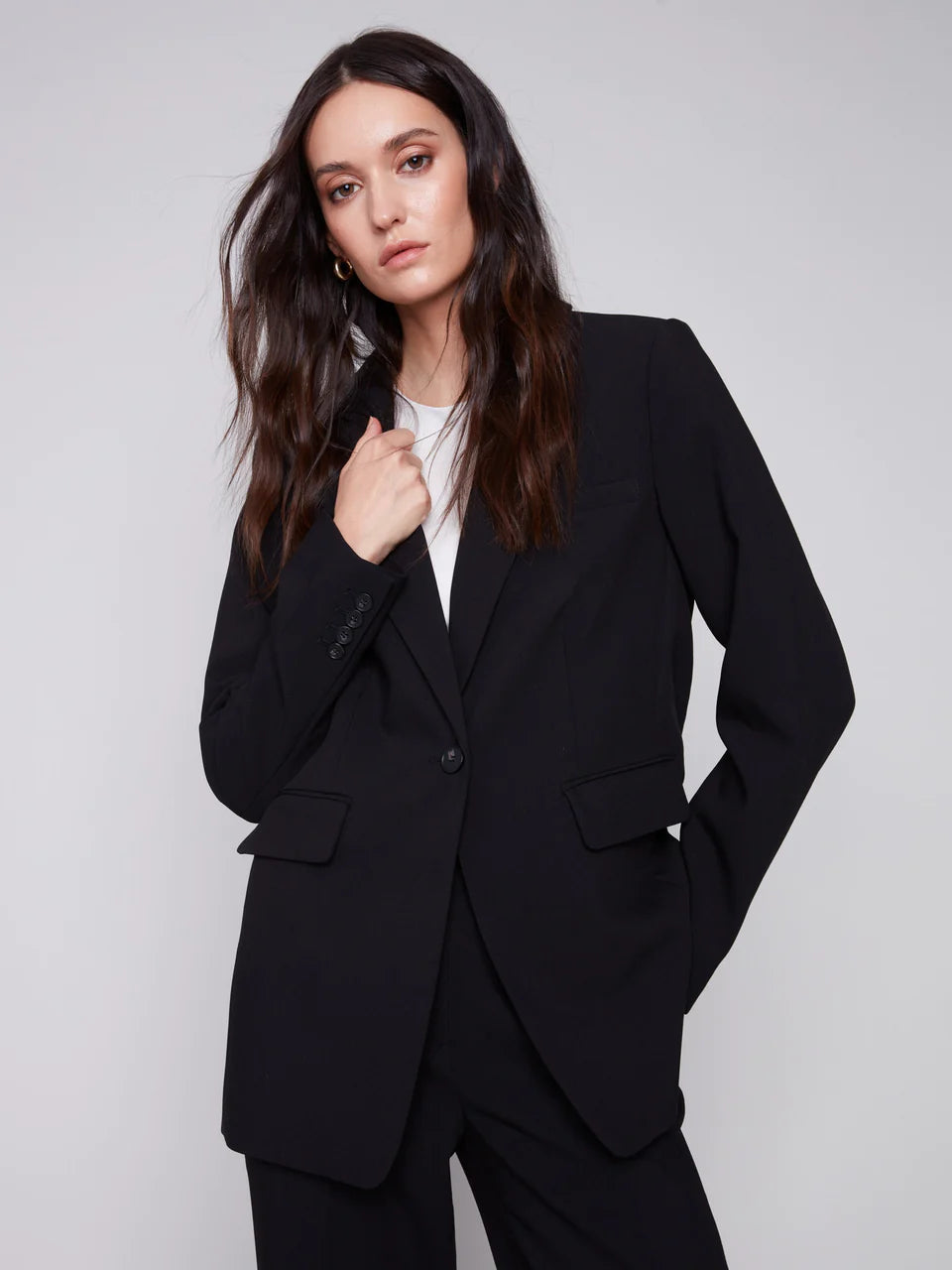 Charlie B Solid Blazer With Ruched Back