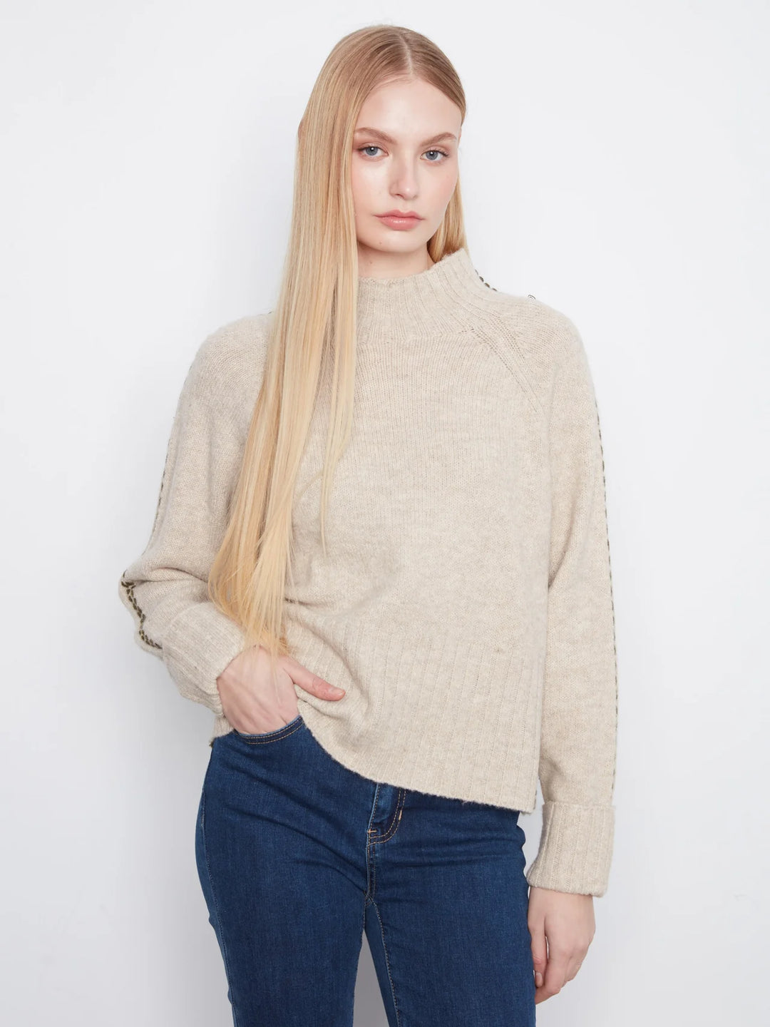 Charlie B Long Raglan Sleeve Mock Neck Sweater With Stitch Detail And Cuffed Sleeves